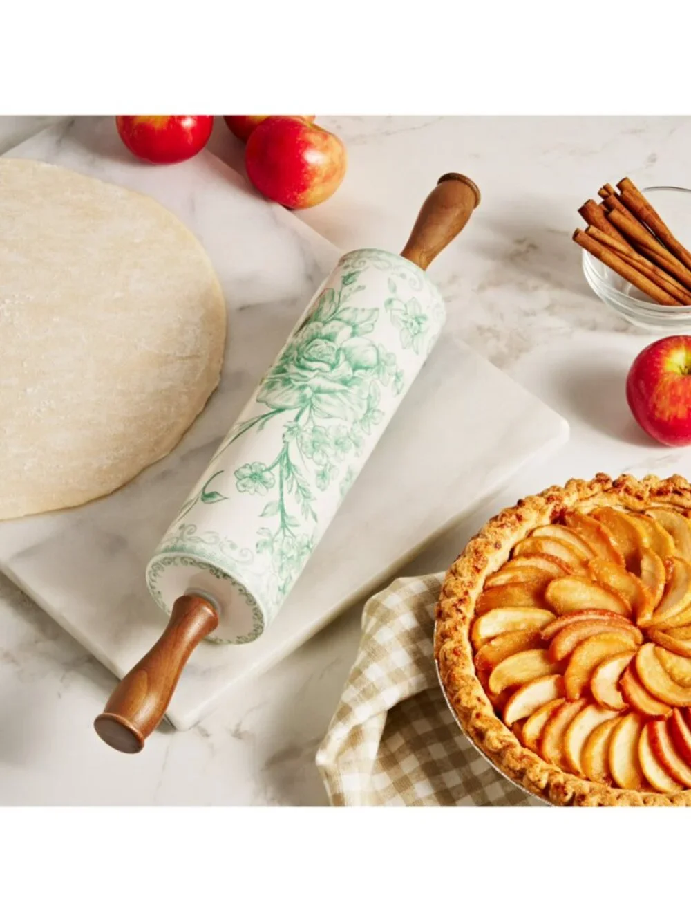 The Pioneer Woman Green Wood Handles Floral Design Agatha Ceramic Rolling Pin